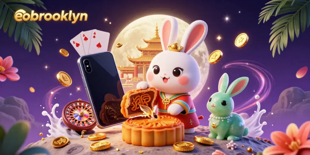 Experience the thrilling eobrooklyn gaming world with a moon rabbit pounding mooncakes revealing poker chips.