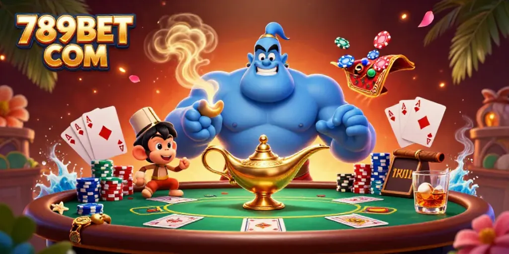 Engage in thrilling casino action with 789BET COM's vibrant playing scene featuring poker tables and colorful chips.